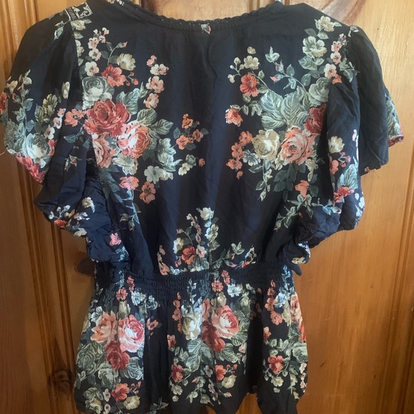 Angie Black Flutter Sleeve Floral Wrap Blouse - Picture 2 of 5